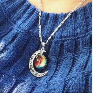 Silver Crescent Moon Galaxy Pendant Necklace